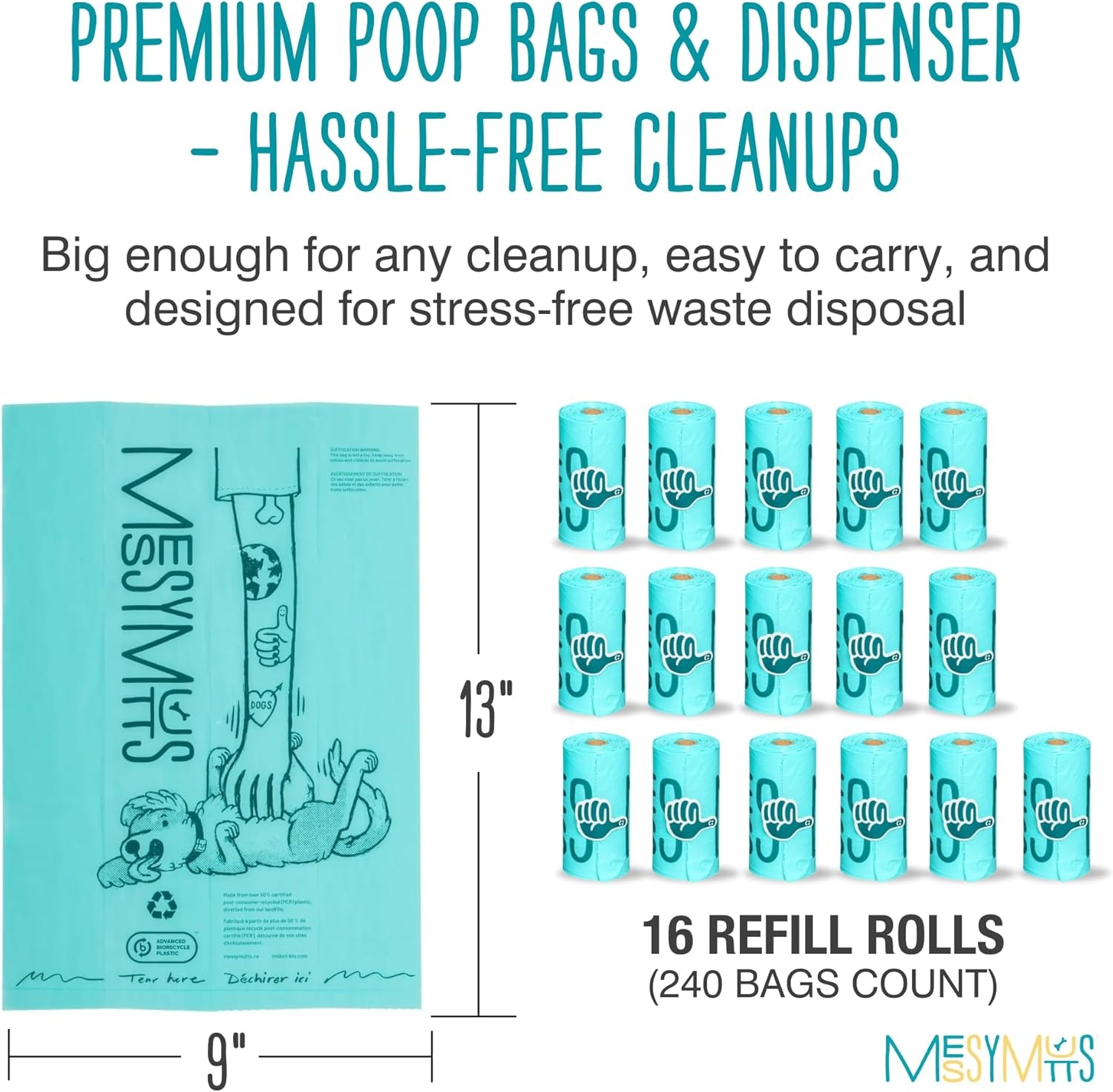 image:imageMessy Mutts Advanced BioRecycle Poop Bags 365 Bags 1 Bulk Roll Dog Poop Bag Roll Unscented Dog Waste Bags16 Refill Rolls 240 bags
