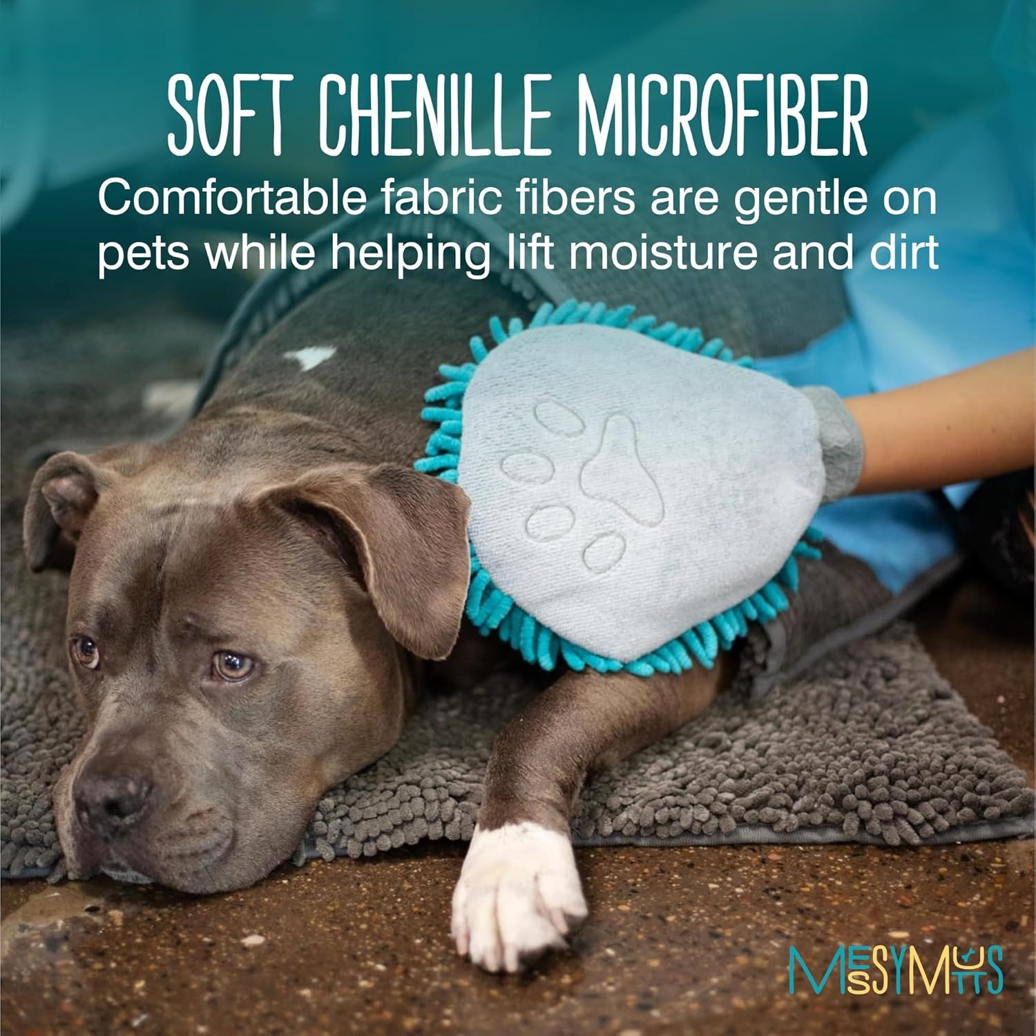 image:imageMessy Mutts Microfiber Grooming Mitt Chenille Microfiber Dog Shammy Mitt Machine Washable Paw Cleaner Blue