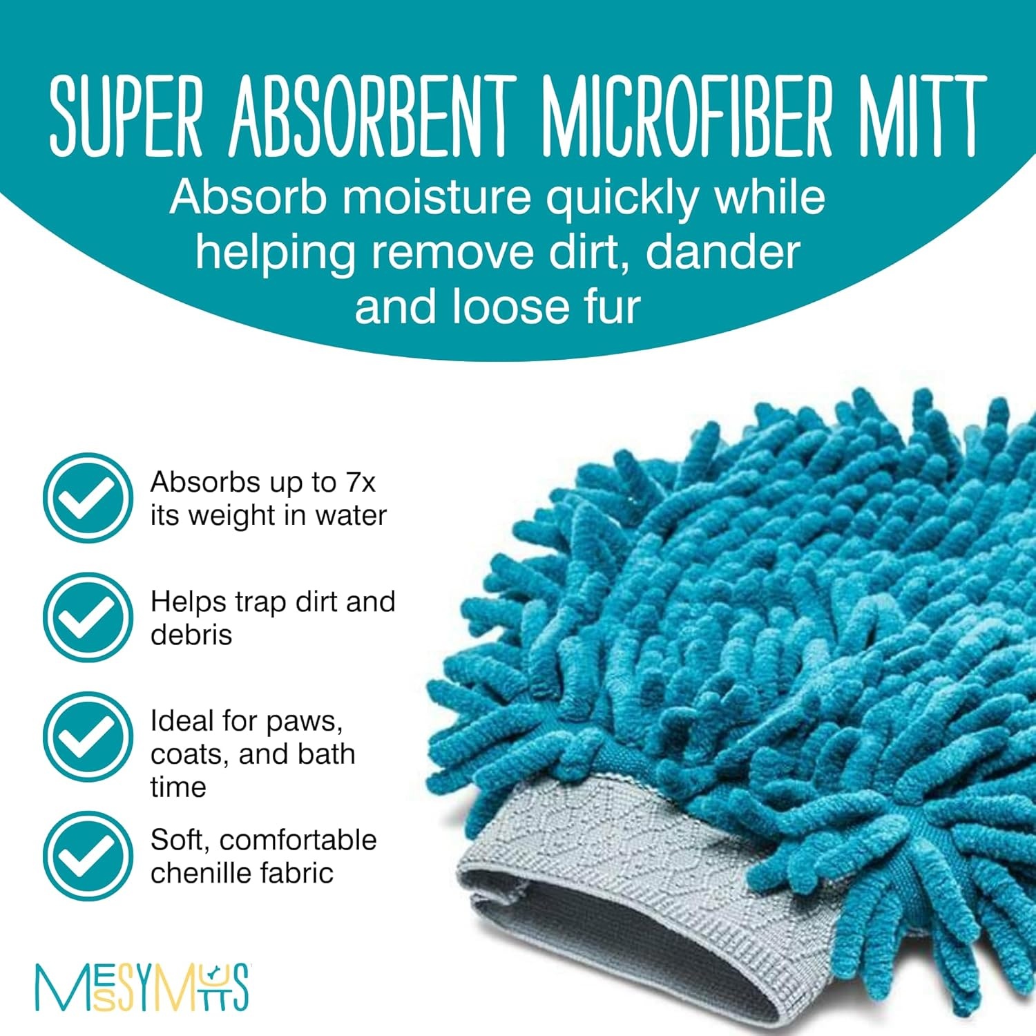 image:imageMessy Mutts Microfiber Grooming Mitt Chenille Microfiber Dog Shammy Mitt Machine Washable Paw Cleaner Blue