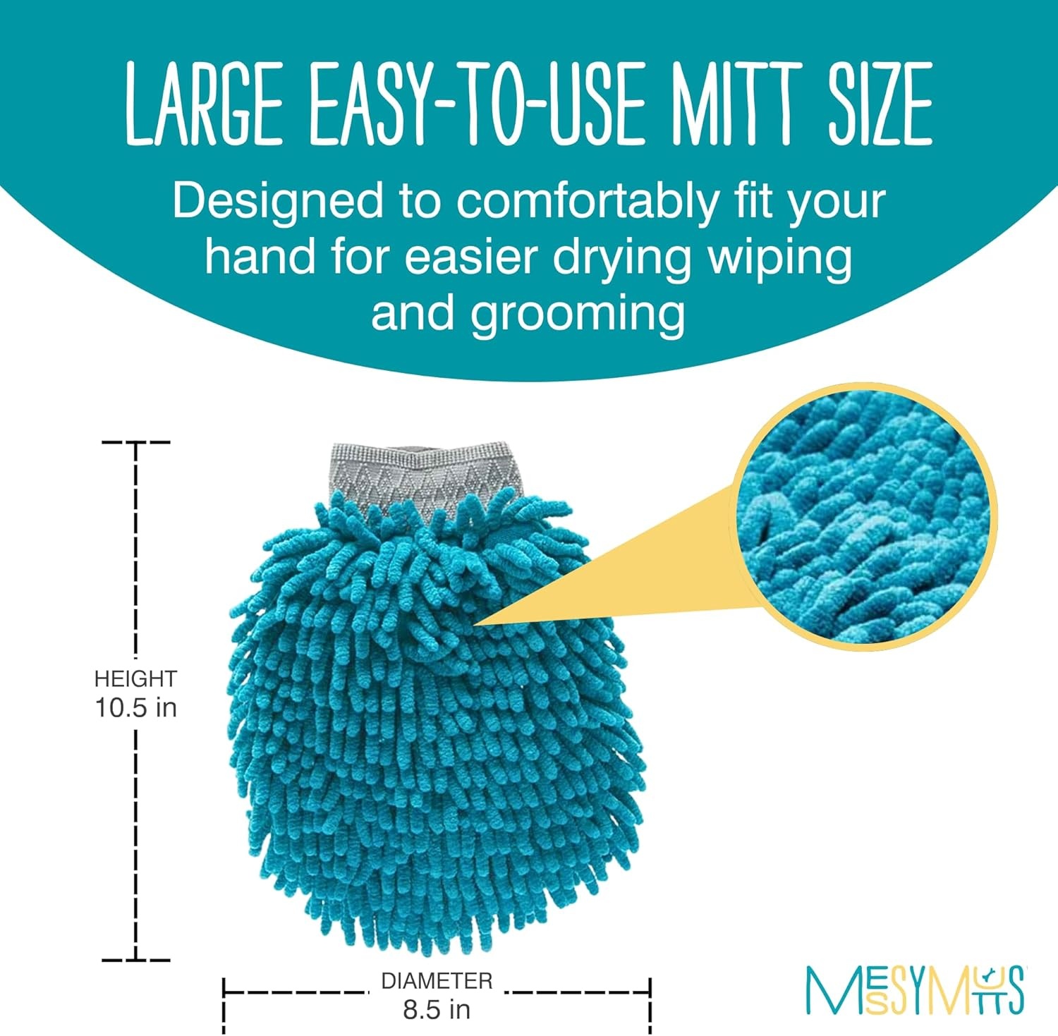 image:imageMessy Mutts Microfiber Grooming Mitt Chenille Microfiber Dog Shammy Mitt Machine Washable Paw Cleaner Blue