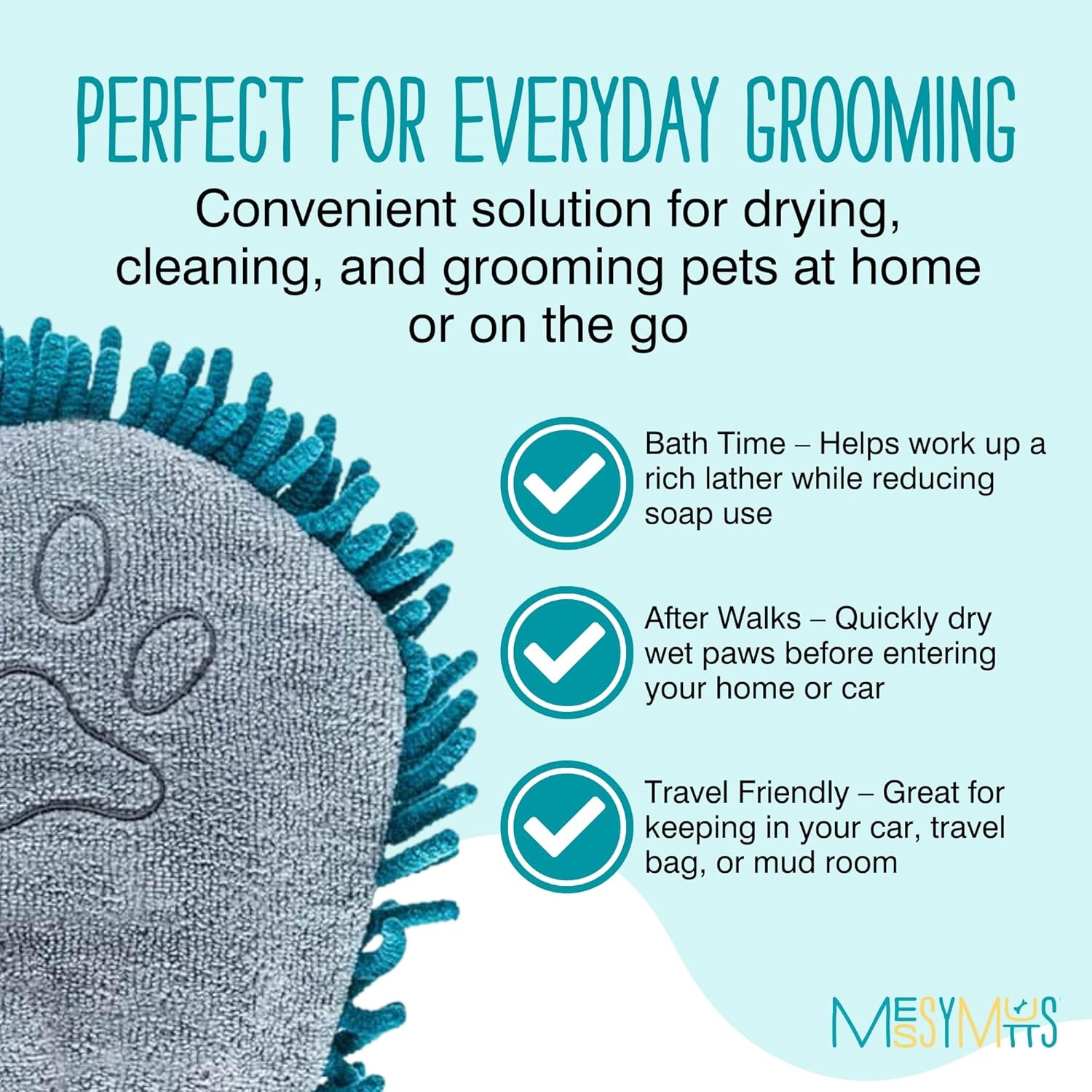 image:imageMessy Mutts Microfiber Grooming Mitt Chenille Microfiber Dog Shammy Mitt Machine Washable Paw Cleaner Blue