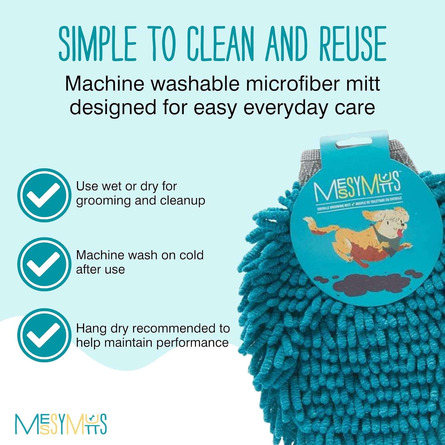 image:imageMessy Mutts Microfiber Grooming Mitt Chenille Microfiber Dog Shammy Mitt Machine Washable Paw Cleaner Blue