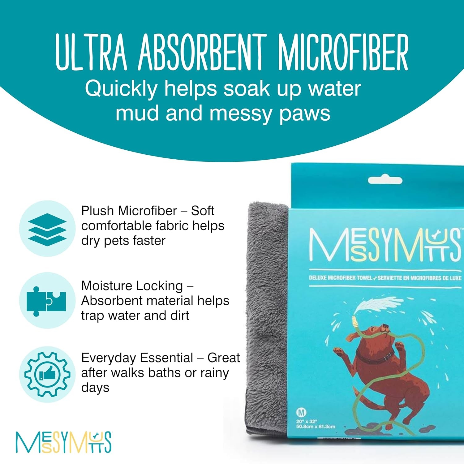 image:imageMessy Mutts Ultra Soft Microfiber Towel with Hand Pockets Super Absorbent Moisture Locking Soft Durable Plush Microfiber Dog Towel Machine Washable Dog ShammyMedium 20 x 32