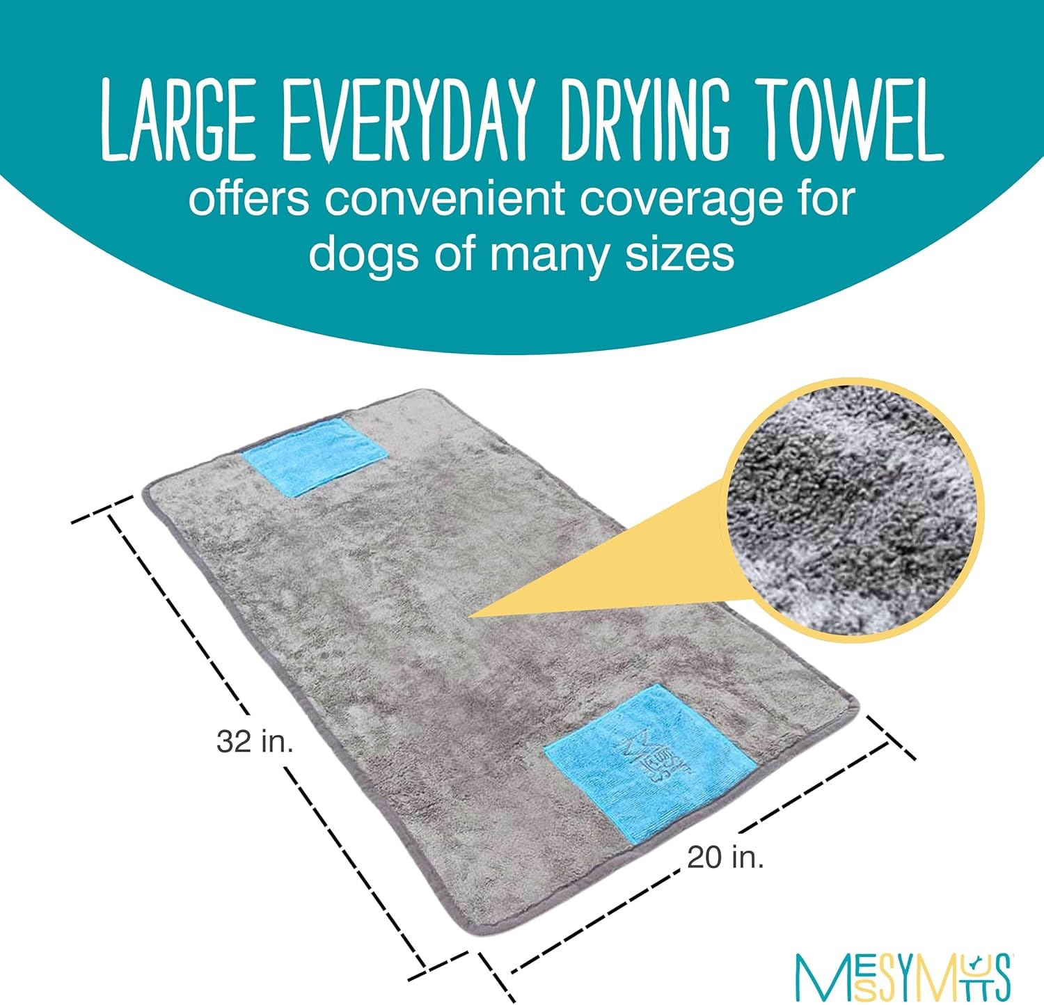 image:imageMessy Mutts Ultra Soft Microfiber Towel with Hand Pockets Super Absorbent Moisture Locking Soft Durable Plush Microfiber Dog Towel Machine Washable Dog ShammyMedium 20 x 32