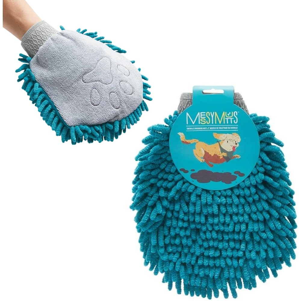 image:imageMessy Mutts Microfiber Grooming Mitt Chenille Microfiber Dog Shammy Mitt Machine Washable Paw Cleaner Blue