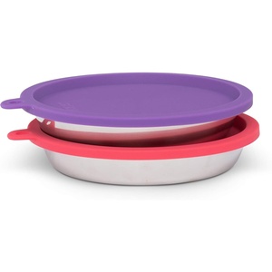 image:imageMessy Cats 4pc Set with Two Stainless Saucer Shaped Bowls and Two Silicone Lids 175 Cups Per Bowl Watermelon and Purple Lids