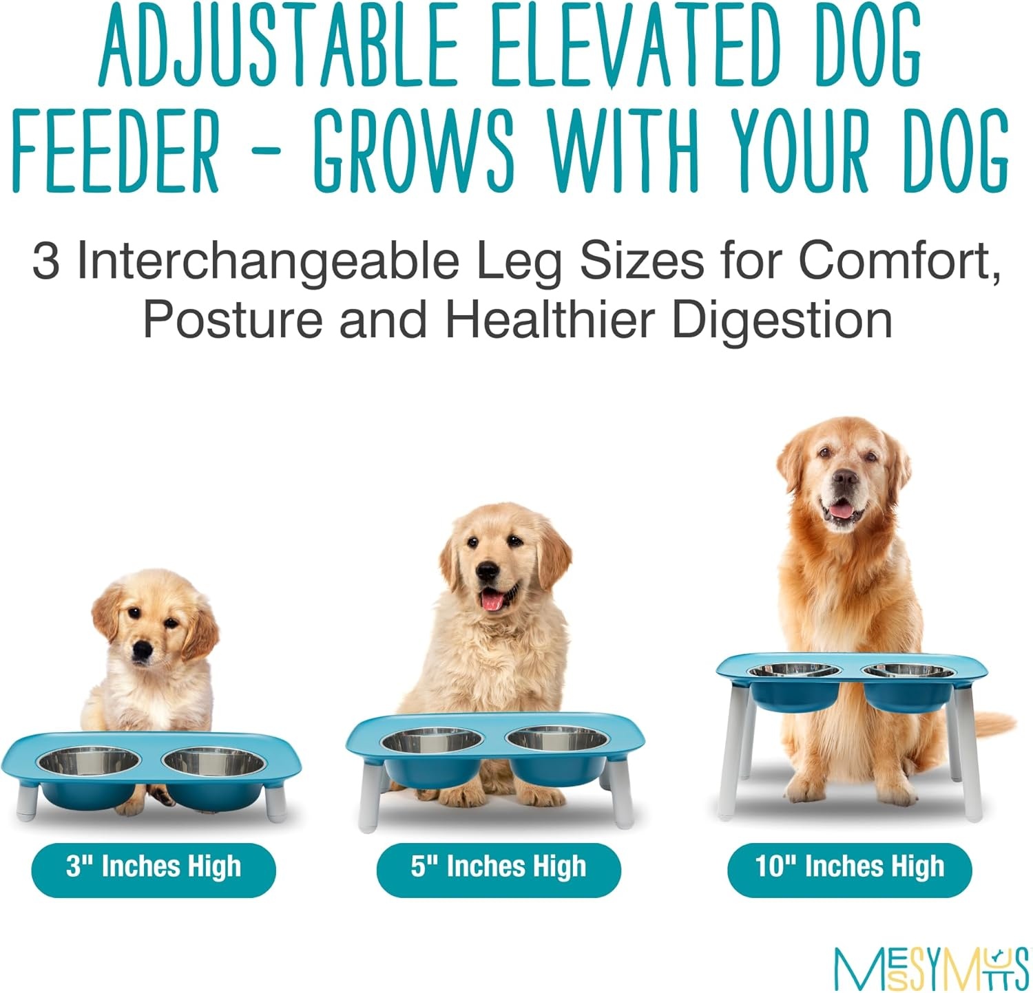 image:imageMessy Mutts Elevated Double Feeder with Stainless Bowls Adjustable Height 3 5 or 10 Adjustable Standing Feeder for Dogs 5 Cups per Bowl Dark GreyBlue