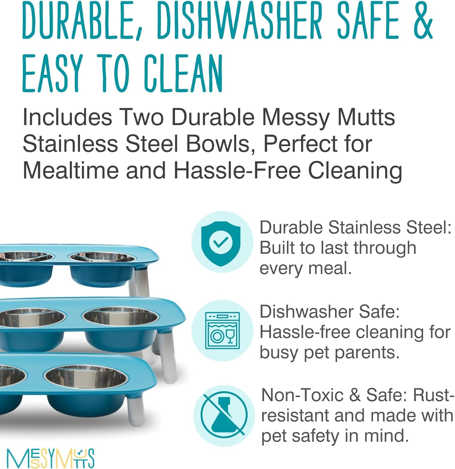 image:imageMessy Mutts Elevated Double Feeder with Stainless Bowls Adjustable Height 3 5 or 10 Adjustable Standing Feeder for Dogs 5 Cups per Bowl Dark GreyBlue