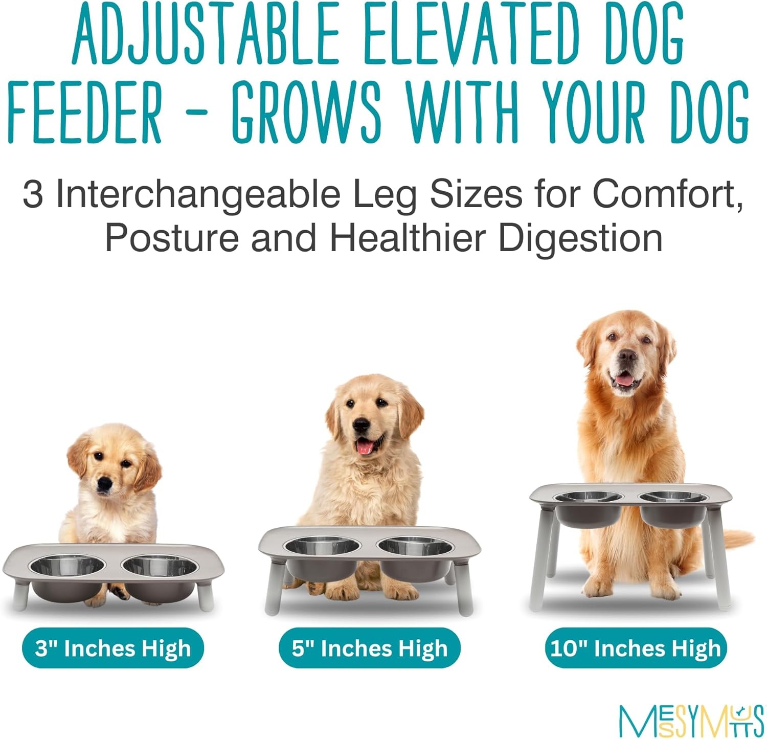 image:imageMessy Mutts Elevated Double Feeder with Stainless Bowls Adjustable Height 3 5 or 10 Adjustable Standing Feeder for Dogs 5 Cups per Bowl Dark GreyDark Grey