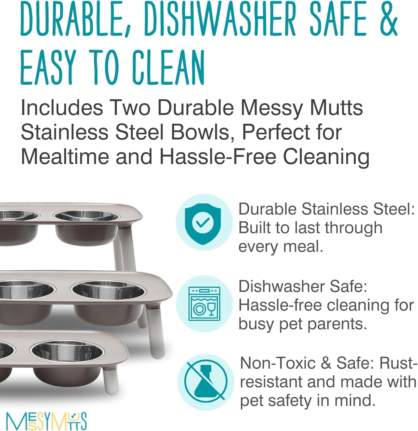 image:imageMessy Mutts Elevated Double Feeder with Stainless Bowls Adjustable Height 3 5 or 10 Adjustable Standing Feeder for Dogs 5 Cups per Bowl Dark GreyDark Grey