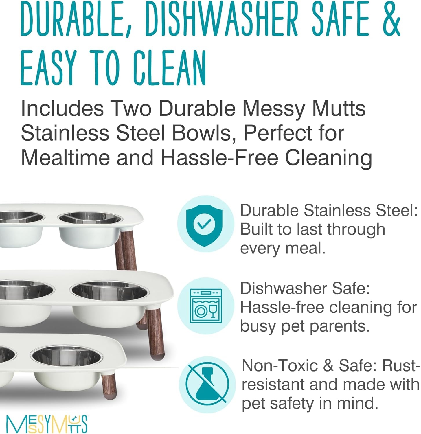 image:imageMessy Mutts Elevated Double Feeder with Stainless Bowls Adjustable Height 3 5 or 10 Adjustable Standing Feeder for Dogs 5 Cups per Bowl Dark GreyLight Grey Faux Wood Legs