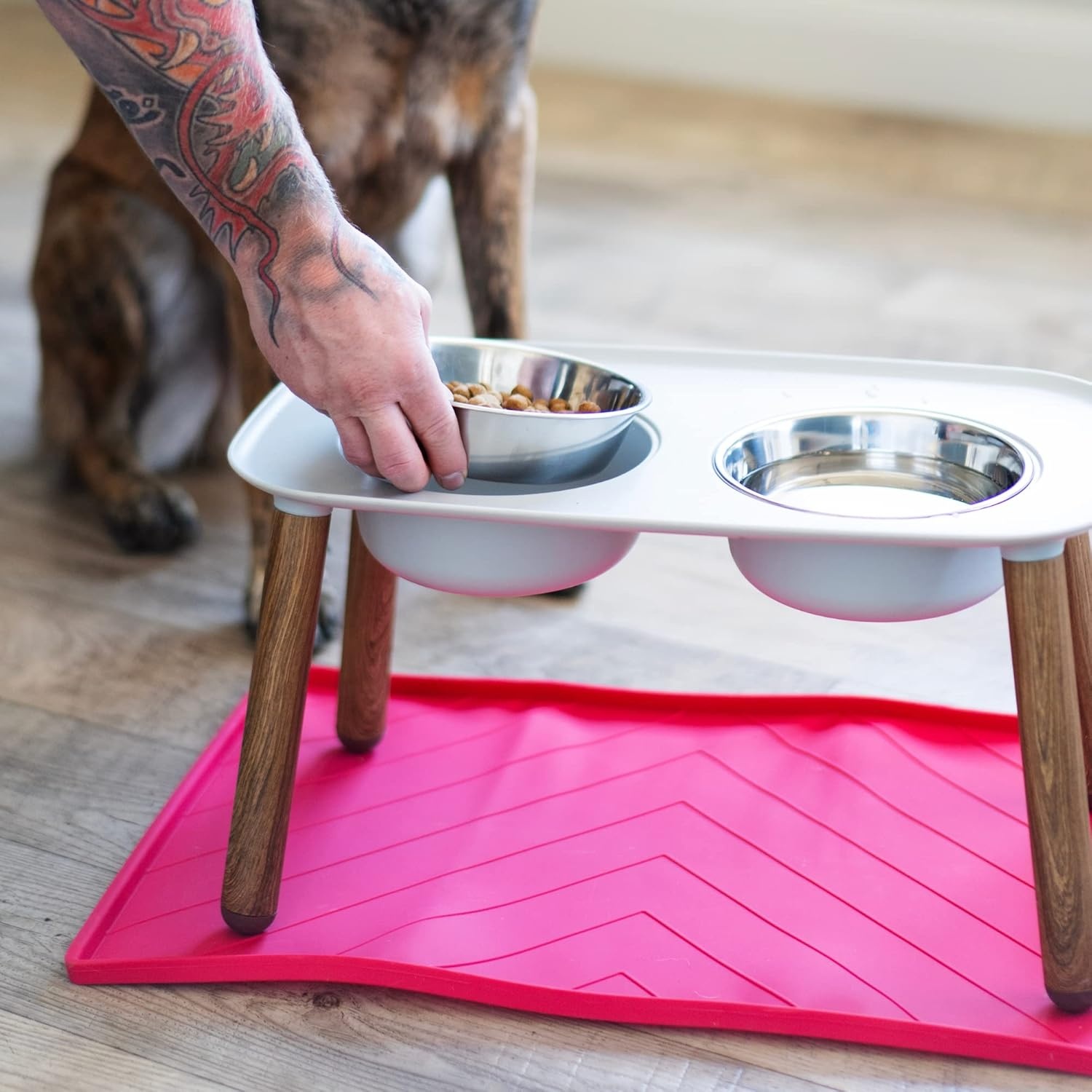 image:imageMessy Mutts Elevated Double Feeder with Stainless Bowls Adjustable Height 3 5 or 10 Adjustable Standing Feeder for Dogs 5 Cups per Bowl Dark GreyLight Grey Faux Wood Legs