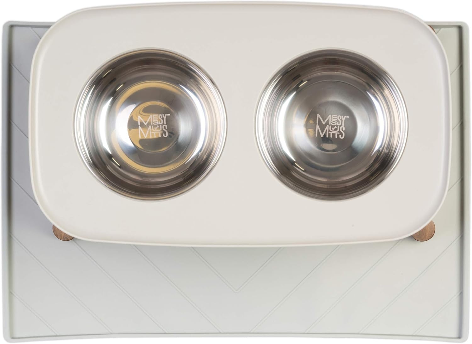 image:imageMessy Mutts Elevated Double Feeder with Stainless Bowls Adjustable Height 3 5 or 10 Adjustable Standing Feeder for Dogs 5 Cups per Bowl Dark GreyLight Grey Faux Wood Legs