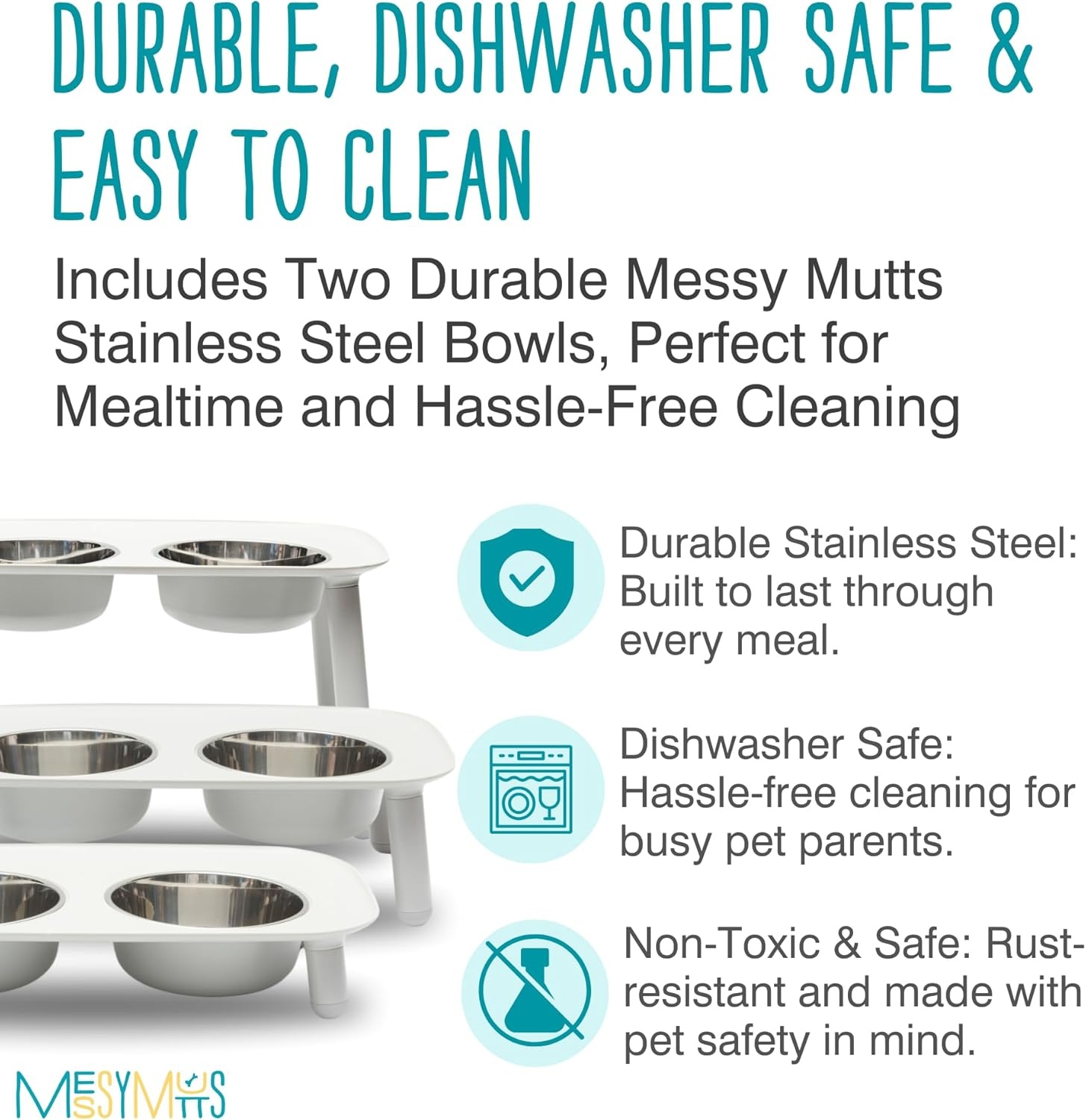 image:imageMessy Mutts Elevated Double Feeder with Stainless Bowls Adjustable Height 3 5 or 10 Adjustable Standing Feeder for Dogs 5 Cups per Bowl Dark GreyLight Grey