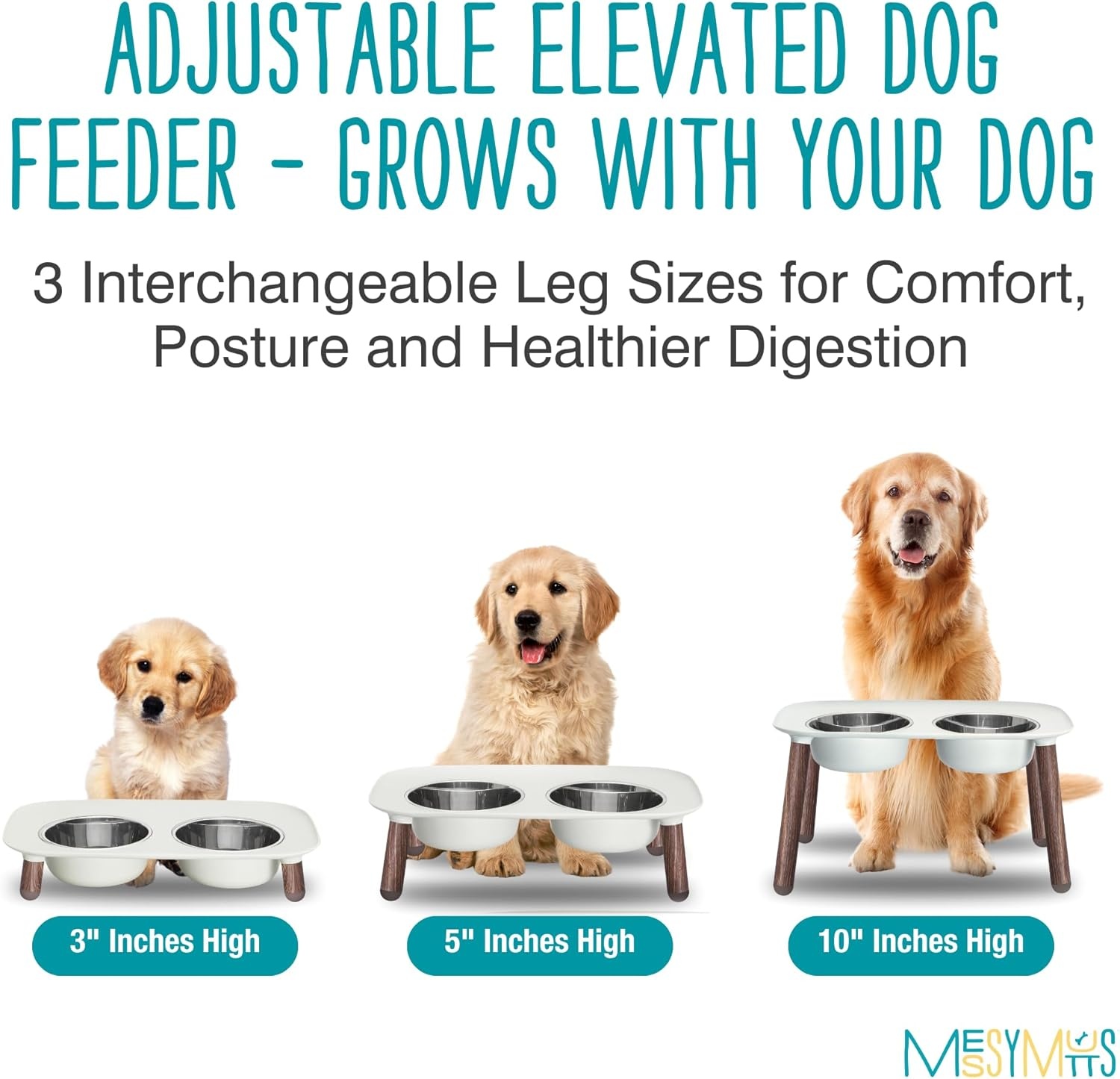 image:imageMessy Mutts Elevated Double Feeder with Stainless Bowls Adjustable Height 3 5 or 10 Adjustable Standing Feeder for Dogs 5 Cups per Bowl Dark GreyLight Grey Faux Wood Legs