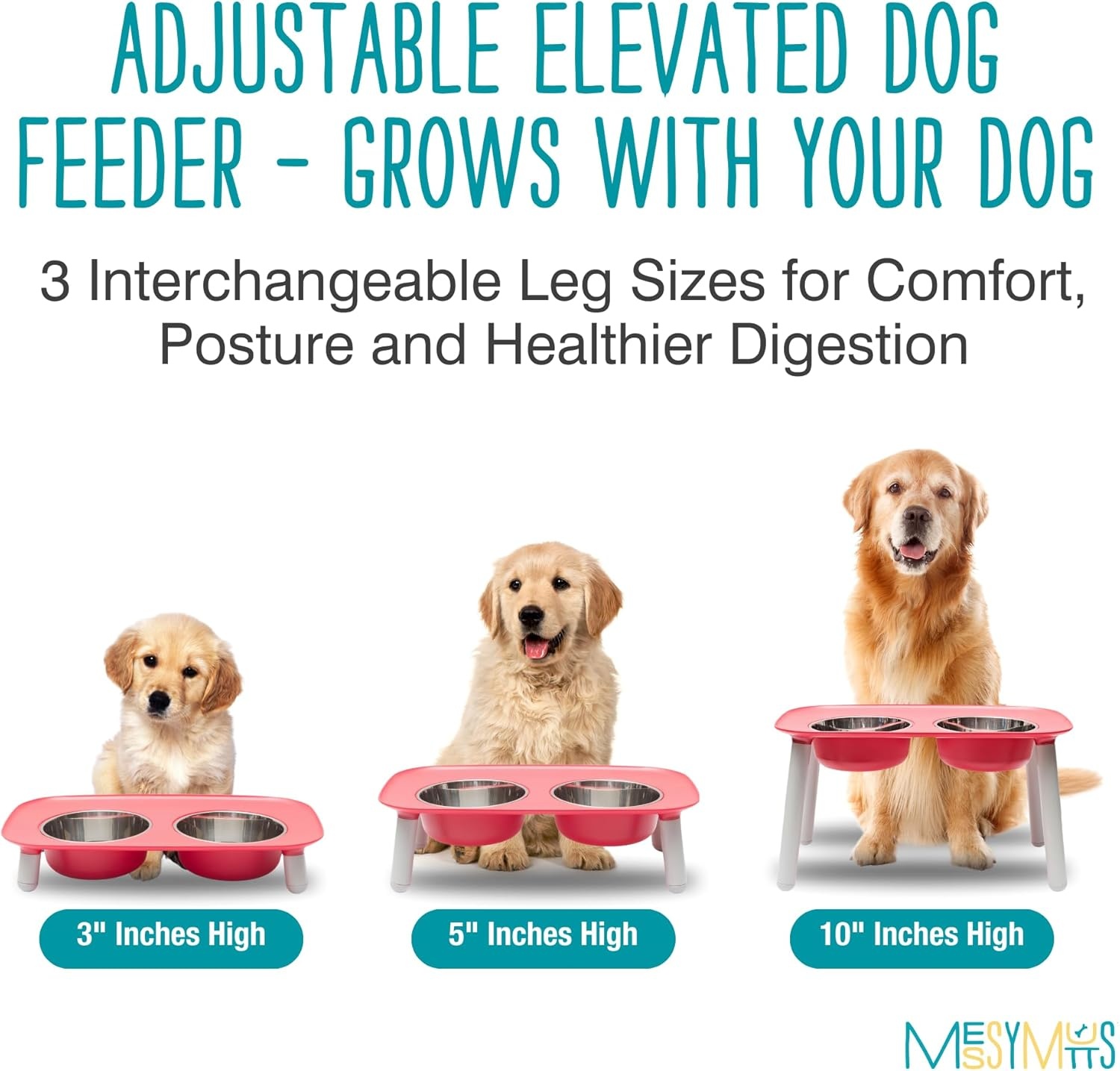 image:imageMessy Mutts Elevated Double Feeder with Stainless Bowls Adjustable Height 3 5 or 10 Adjustable Standing Feeder for Dogs 5 Cups per Bowl Dark GreyWatermelon
