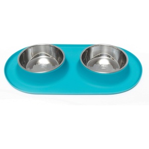 image:imageMessy Mutts Double Silicone Feeder with Stainless Bowls  NonSkid Food Dishes for Dogs for All Pets  Dog Food Bowls  Large 3 Cups Per Bowl  WatermelonBlue