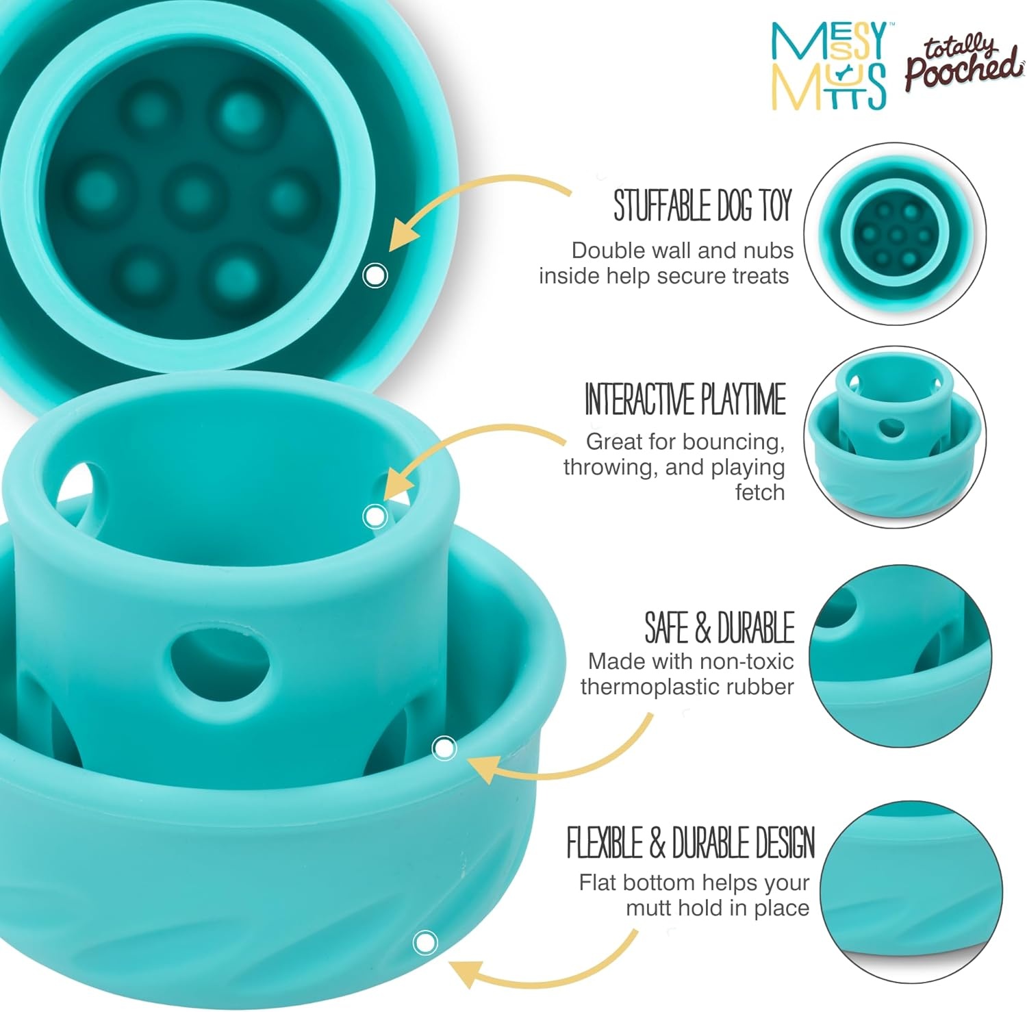 image:imageMessy Mutts Totally Pooched Puzzle n Play Mushroom Stuffable Treat Toy for Dogs Durable TPR 325 x 25 Small Dog Toy OrangeTeal